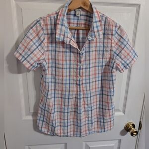 LL Bean Womens Top Medium Vacationland Seersucker Short Sleeve Popover Shirt
